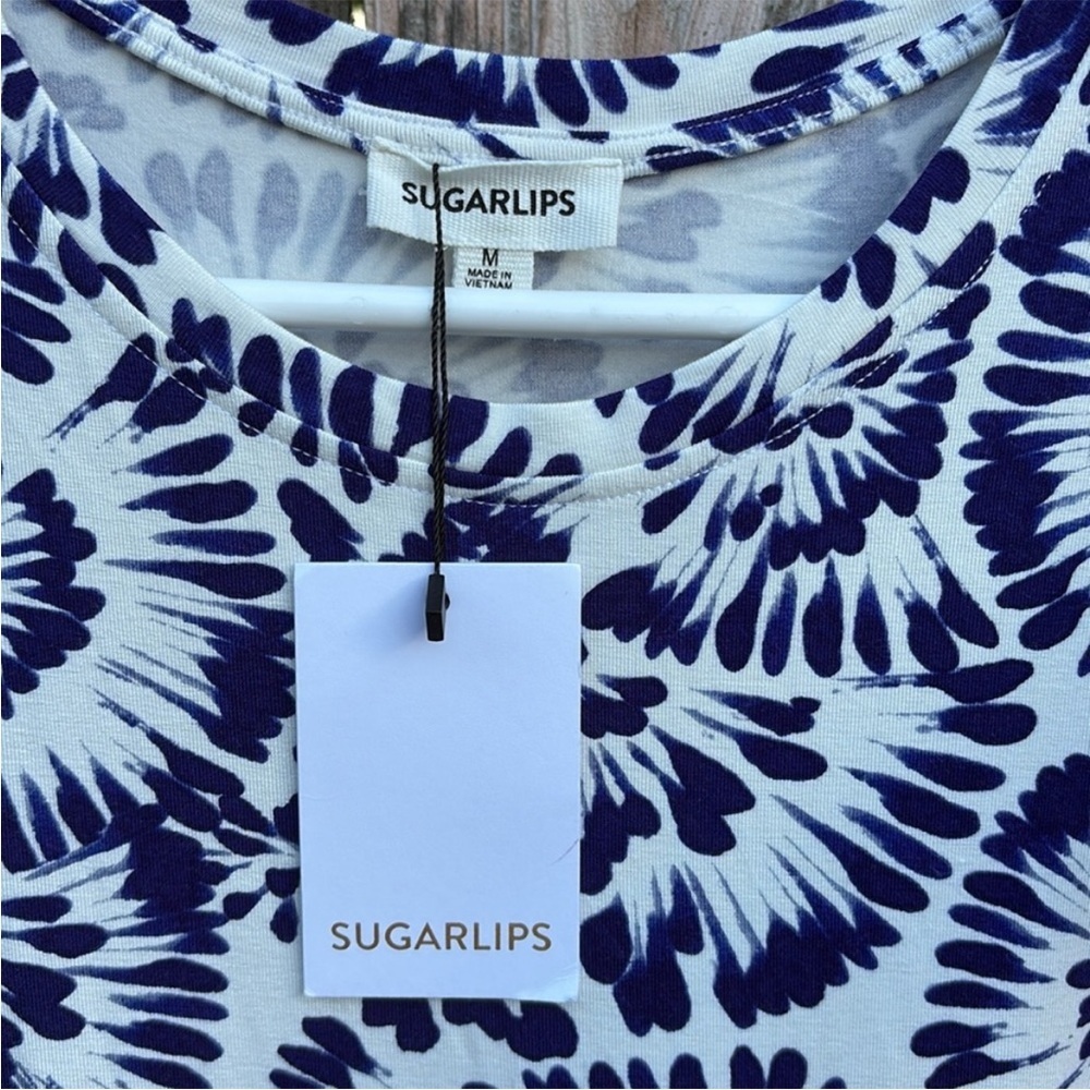 NWT SUGARLIPS Ruched BodyCon Stretch Jersey Dress Blue White Floral Size Medium - Picture 5 of 11